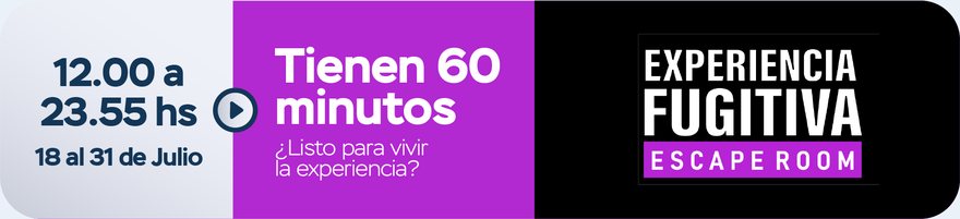 Experiencia Fugitiva - Escape Room - Tienen 60 minutos, ¿listo para vivir la experiencia? - 12.00 a 23.55hs - 18 al 31 de Julio